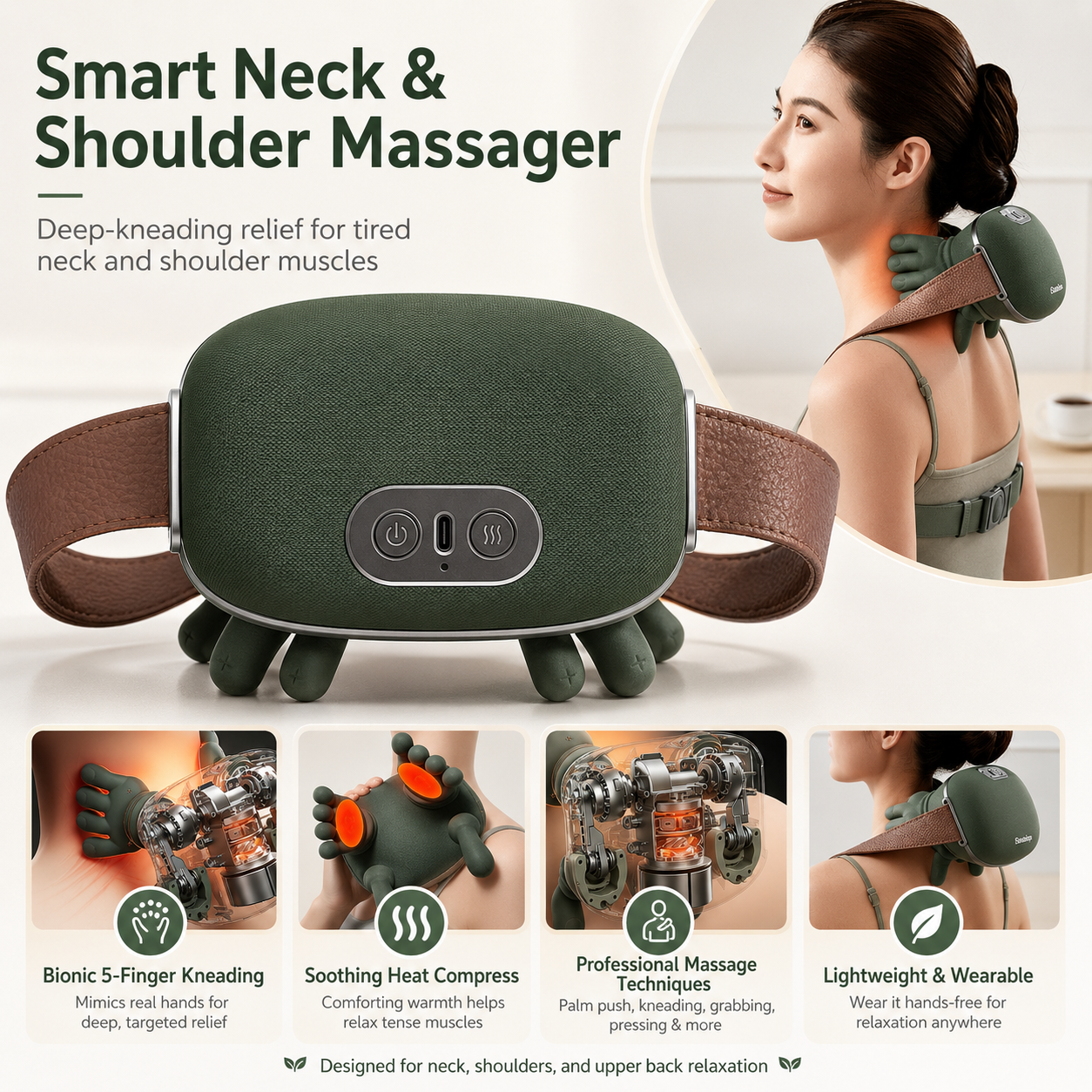 Smart Finger Pressure Neck Massager – Electric Deep Kneading Heated Back & Shoulder Massager